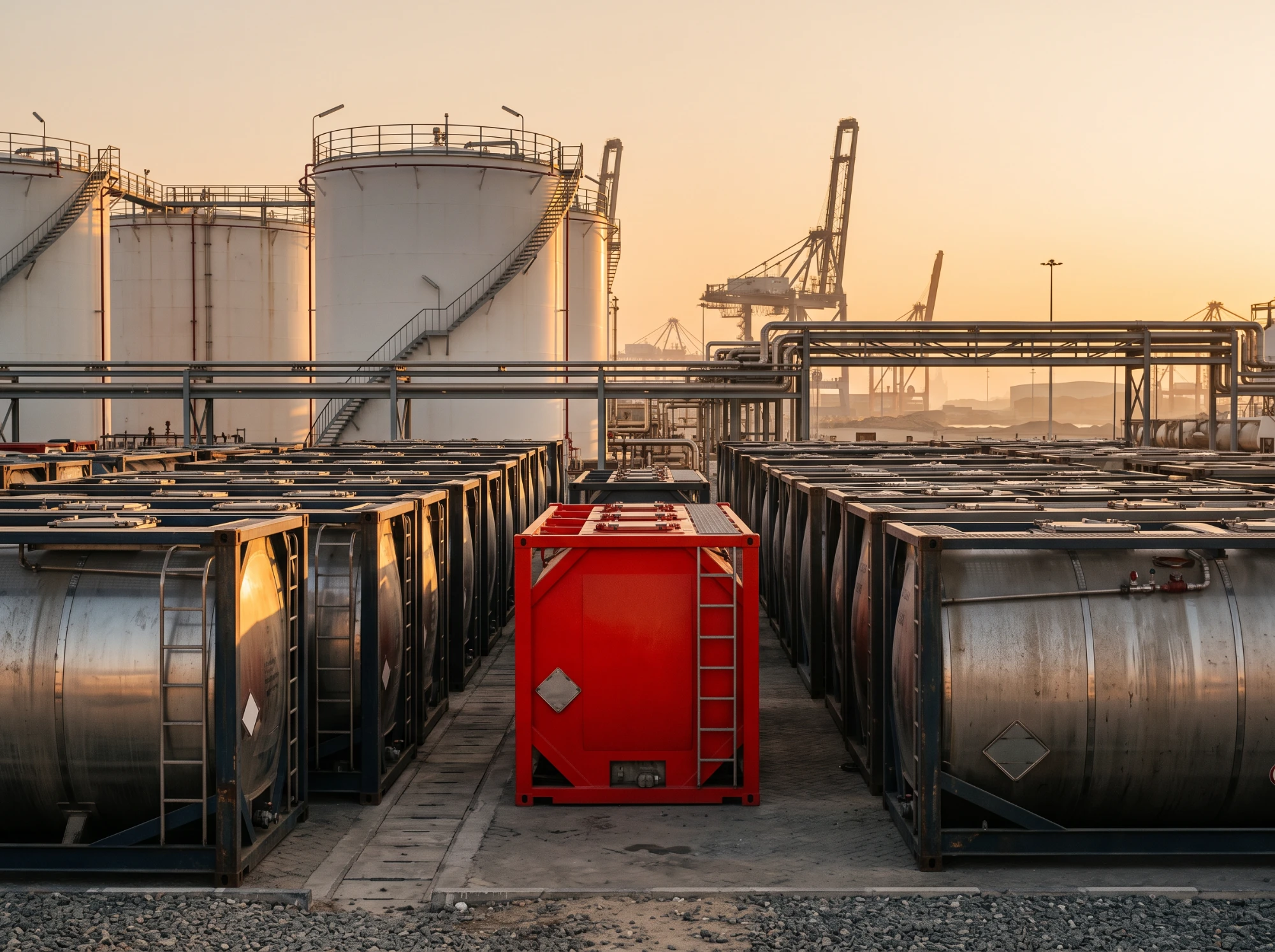 Tank containers for liquid chemicals at a terminal with storage tanks
