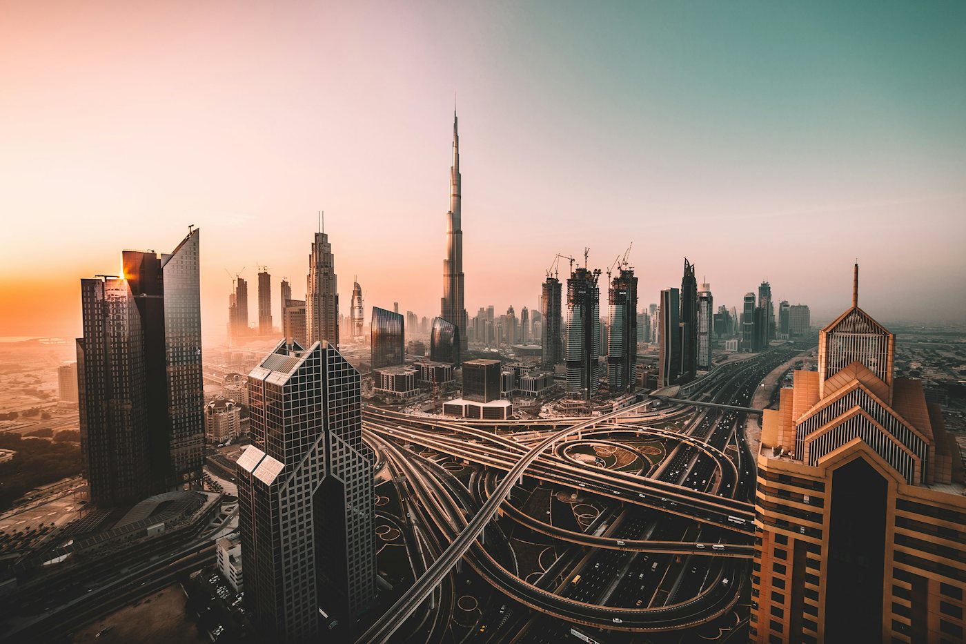 Dubai business district at sunset