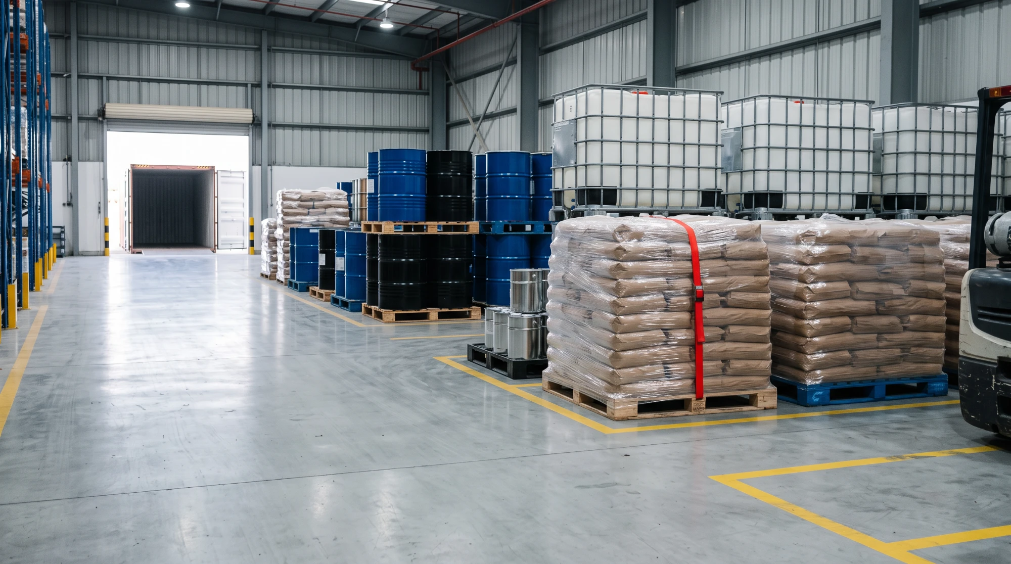 Warehouse with drums, IBC totes and sacks prepared for shipment